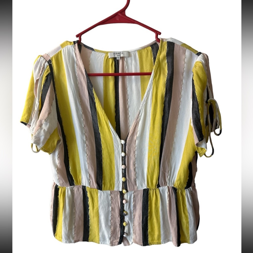 M Pink & Yellow Stripe Frnch Paris‎ Button Blouse Womens Top